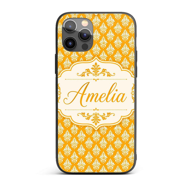Bright Mustard Yellow Damask Motif Printed Design Custom Name Protective Phone Case Mobile Cover Durable Everyday Smartphone Shock Resistant