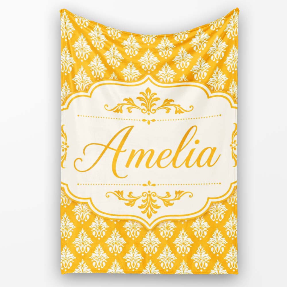 Bright Mustard Yellow Damask Motif Seamless Pattern Classic Vintage  Personalised Custom Name Super Soft Fleece Blanket Bed Sofa Throw