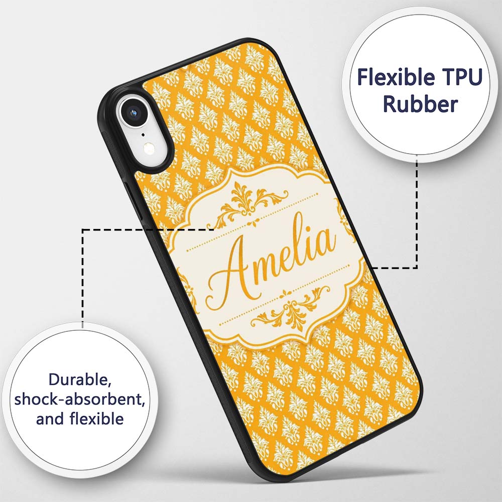 Bright Mustard Yellow Damask Motif Printed Design Custom Name Protective Phone Case Mobile Cover Durable Everyday Smartphone Shock Resistant