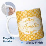 Personalized Custom Name Bright Mustard Yellow Damask Motif Seamless Pattern Classic Vintage 11oz Ceramic Coffee Tea Mug White Large Handle
