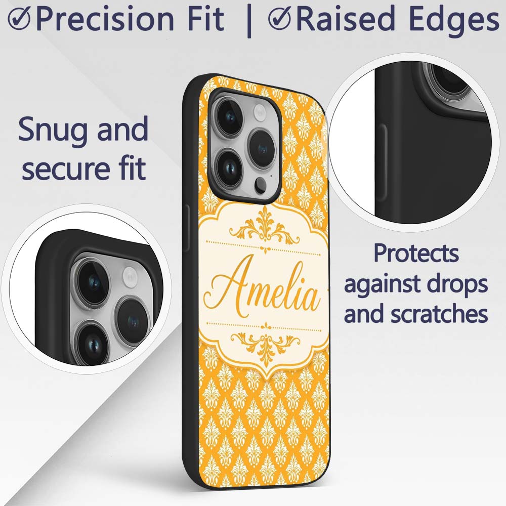 Bright Mustard Yellow Damask Motif Printed Design Custom Name Protective Phone Case Mobile Cover Durable Everyday Smartphone Shock Resistant