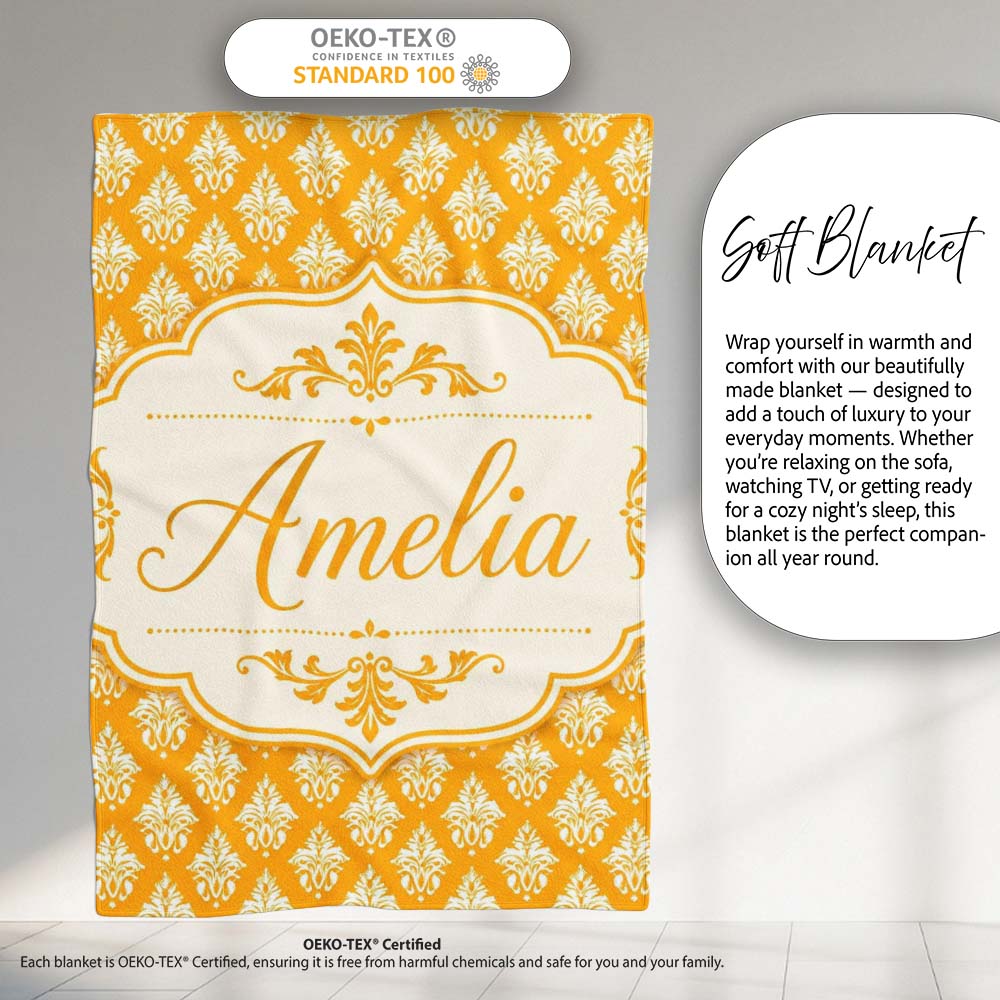 Bright Mustard Yellow Damask Motif Seamless Pattern Classic Vintage  Personalised Custom Name Super Soft Fleece Blanket Bed Sofa Throw