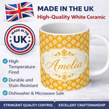 Personalized Custom Name Bright Mustard Yellow Damask Motif Seamless Pattern Classic Vintage 11oz Ceramic Coffee Tea Mug White Large Handle