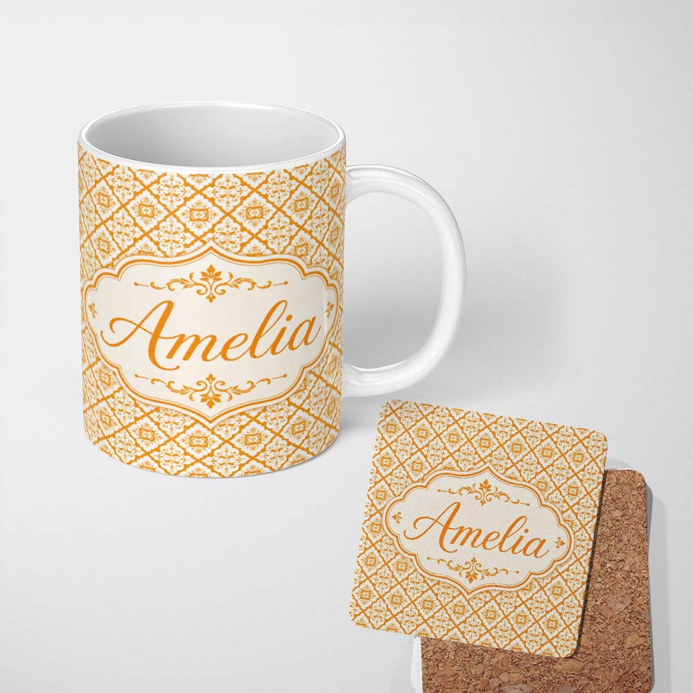 Personalized Custom Name Orange White Geometric Floral Tile Seamless Pattern Vintage 11oz Ceramic Coffee Tea Mug White Large Handle
