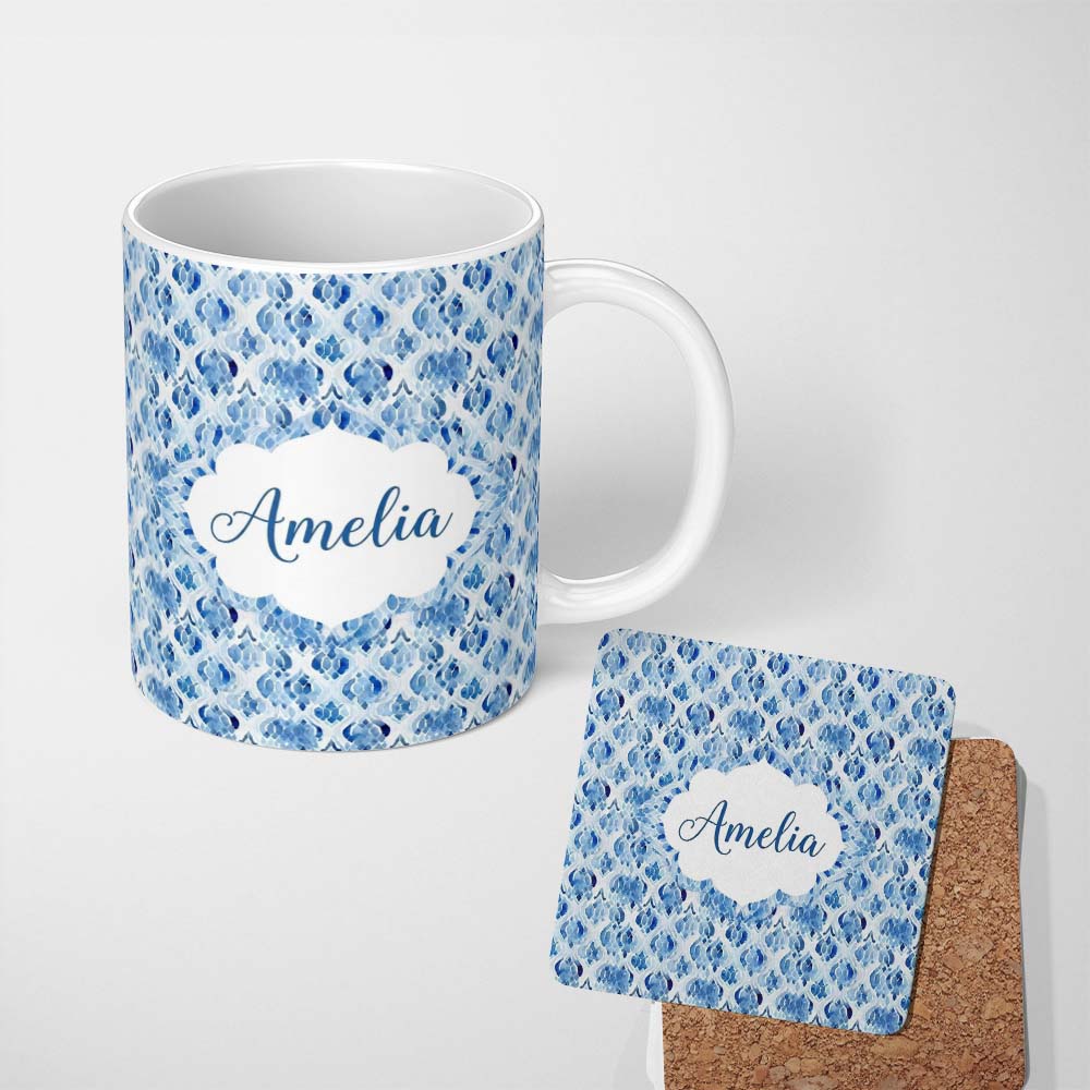 Personalized Custom Name Blue Watercolor Ikat Abstract Seamless Pattern Soft Artistic Design 11oz Ceramic Coffee Tea Mug White Large Handle