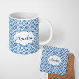 Personalized Custom Name Blue Watercolor Ikat Abstract Seamless Pattern Soft Artistic Design 11oz Ceramic Coffee Tea Mug White Large Handle
