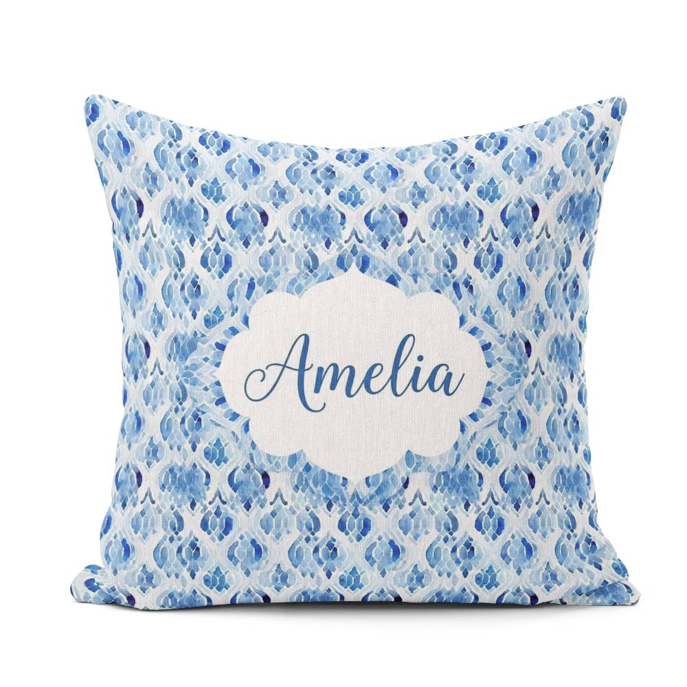 Custom Name Blue Watercolor Ikat Abstract Seamless Soft Artistic Square Filled Cushion Throw Pillow Sofa Bed Home Decor Zip Washable UK Made