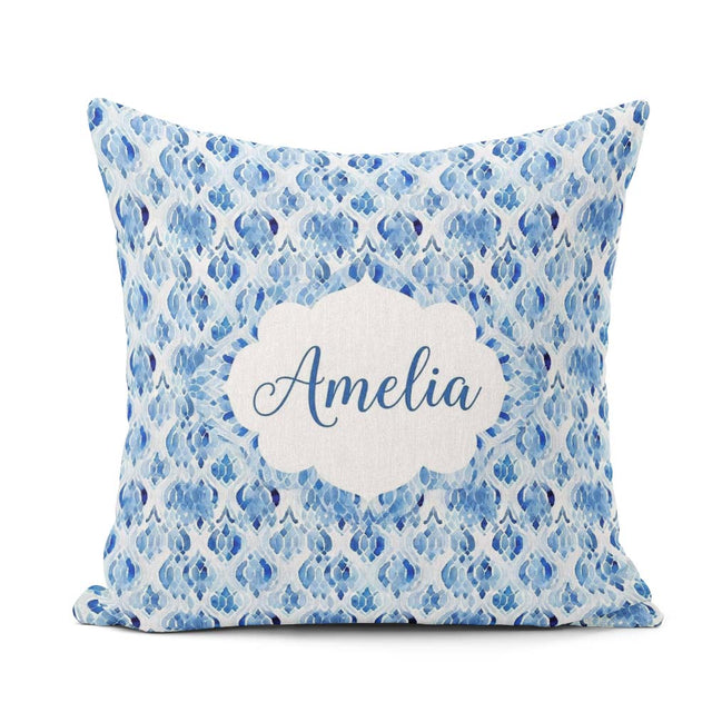 Custom Name Blue Watercolor Ikat Abstract Seamless Soft Artistic Square Filled Cushion Throw Pillow Sofa Bed Home Decor Zip Washable UK Made