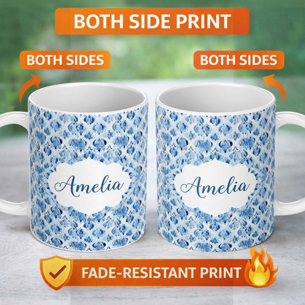 Personalized Custom Name Blue Watercolor Ikat Abstract Seamless Pattern Soft Artistic Design 11oz Ceramic Coffee Tea Mug White Large Handle