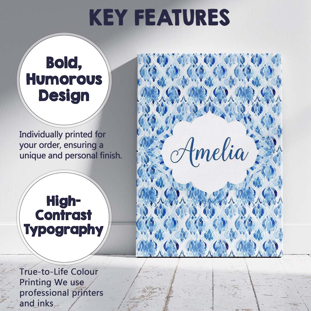 Personalised Name Blue Watercolor Ikat Custom  Modern Room Accent Elegant Feature Canvas Wall Art Print Decor Picture Ready to Hang