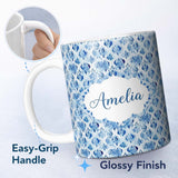 Personalized Custom Name Blue Watercolor Ikat Abstract Seamless Pattern Soft Artistic Design 11oz Ceramic Coffee Tea Mug White Large Handle