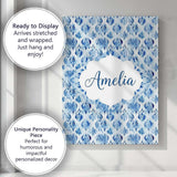 Personalised Name Blue Watercolor Ikat Custom  Modern Room Accent Elegant Feature Canvas Wall Art Print Decor Picture Ready to Hang