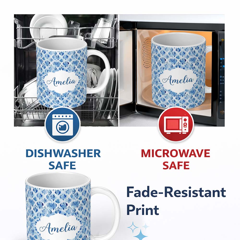 Personalized Custom Name Blue Watercolor Ikat Abstract Seamless Pattern Soft Artistic Design 11oz Ceramic Coffee Tea Mug White Large Handle