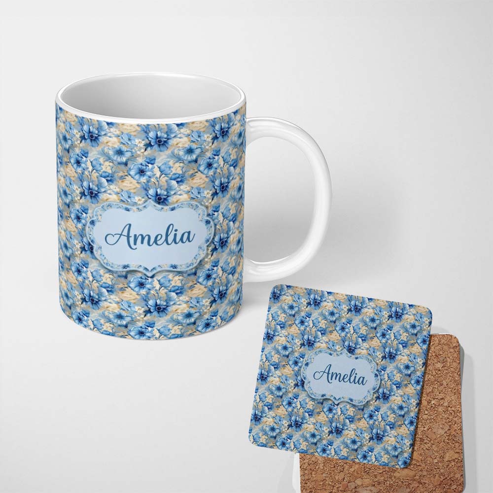 Personalized Custom Name Blue Floral Bouquet Vintage Seamless Pattern Elegant Botanical 11oz Ceramic Coffee Tea Mug White Large Handle