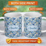 Personalized Custom Name Blue Floral Bouquet Vintage Seamless Pattern Elegant Botanical 11oz Ceramic Coffee Tea Mug White Large Handle