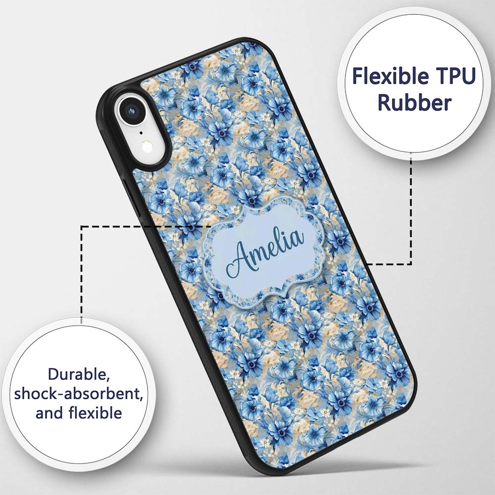 Blue Floral Bouquet Vintage Seamless Pattern Custom Name Protective Phone Case Mobile Cover Durable Everyday Smartphone Shock Resistant