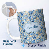 Personalized Custom Name Blue Floral Bouquet Vintage Seamless Pattern Elegant Botanical 11oz Ceramic Coffee Tea Mug White Large Handle