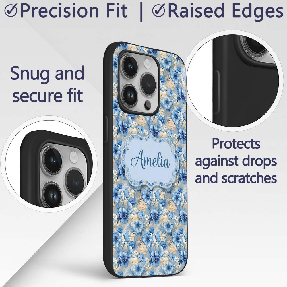 Blue Floral Bouquet Vintage Seamless Pattern Custom Name Protective Phone Case Mobile Cover Durable Everyday Smartphone Shock Resistant