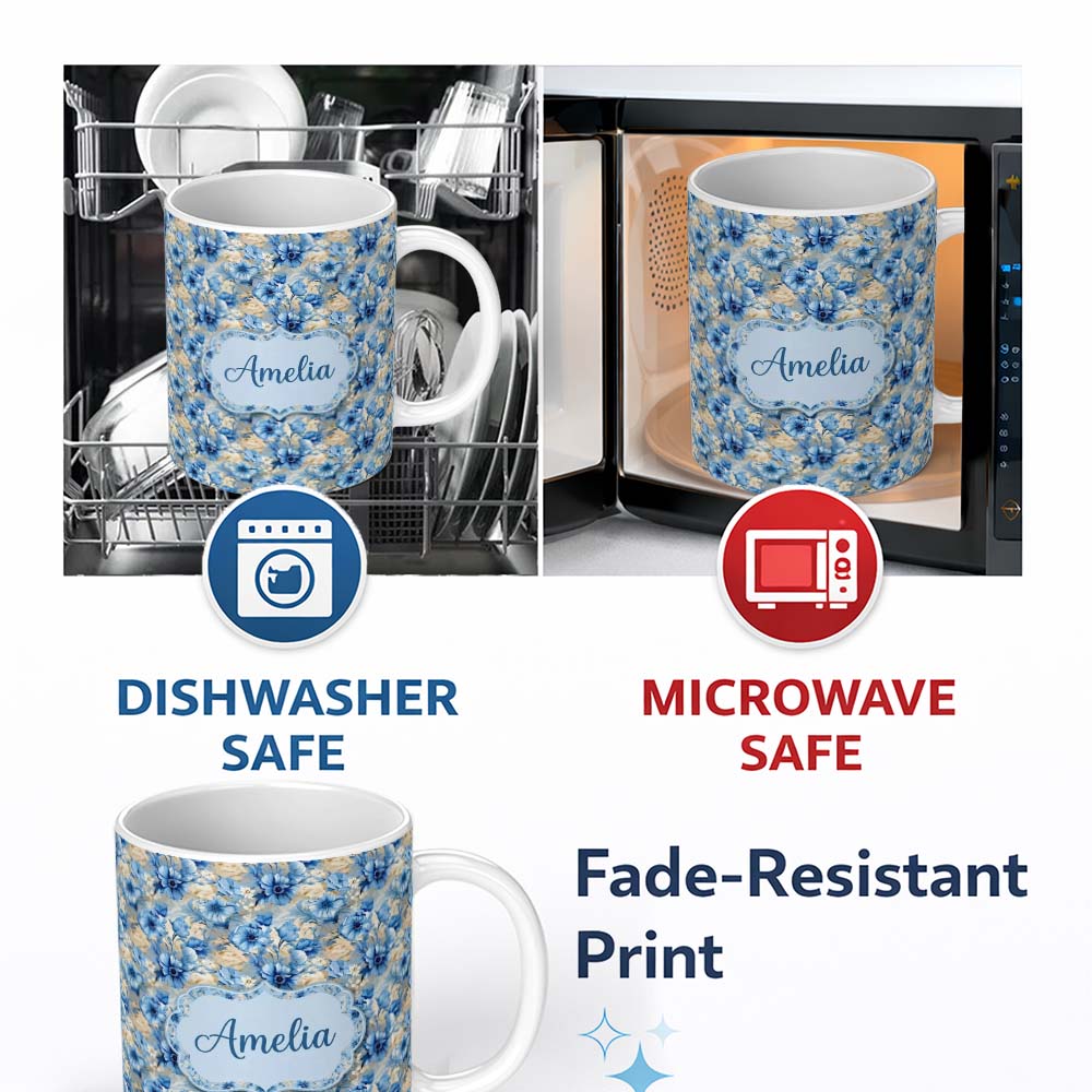 Personalized Custom Name Blue Floral Bouquet Vintage Seamless Pattern Elegant Botanical 11oz Ceramic Coffee Tea Mug White Large Handle