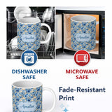 Personalized Custom Name Blue Floral Bouquet Vintage Seamless Pattern Elegant Botanical 11oz Ceramic Coffee Tea Mug White Large Handle