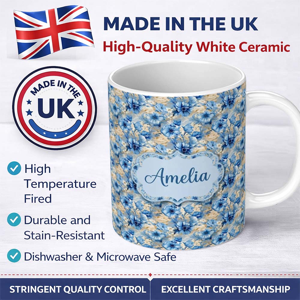 Personalized Custom Name Blue Floral Bouquet Vintage Seamless Pattern Elegant Botanical 11oz Ceramic Coffee Tea Mug White Large Handle