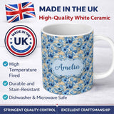 Personalized Custom Name Blue Floral Bouquet Vintage Seamless Pattern Elegant Botanical 11oz Ceramic Coffee Tea Mug White Large Handle