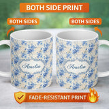 Personalized Custom Name Soft Blue Floral Watercolor Seamless Pattern Artistic Botanical 11oz Ceramic Coffee Tea Mug White Large Handle