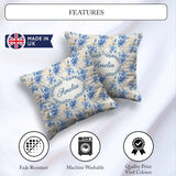 Custom Name Soft Blue Floral Seamless Pattern Artistic Botanical Square Filled Cushion Throw Pillow Sofa Bed Home Decor Zip Washable UK Made