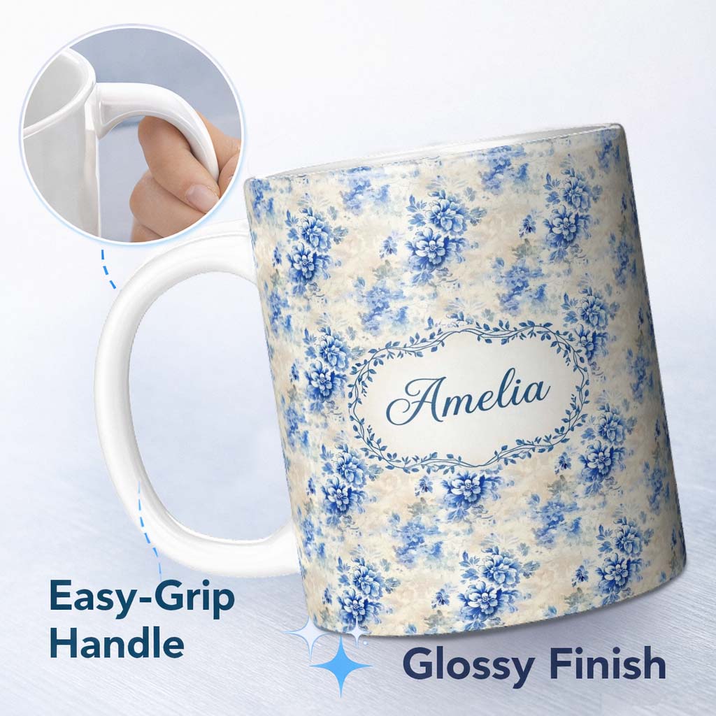 Personalized Custom Name Soft Blue Floral Watercolor Seamless Pattern Artistic Botanical 11oz Ceramic Coffee Tea Mug White Large Handle
