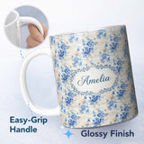 Personalized Custom Name Soft Blue Floral Watercolor Seamless Pattern Artistic Botanical 11oz Ceramic Coffee Tea Mug White Large Handle