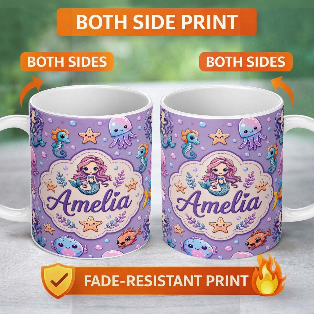 Personalized Custom Name Cute Cartoon Mermaid with Sea Creatures on Purple Background Playful 11oz Ceramic Coffee Tea Mug White Large Handle