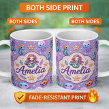 Personalized Custom Name Cute Cartoon Mermaid with Sea Creatures on Purple Background Playful 11oz Ceramic Coffee Tea Mug White Large Handle