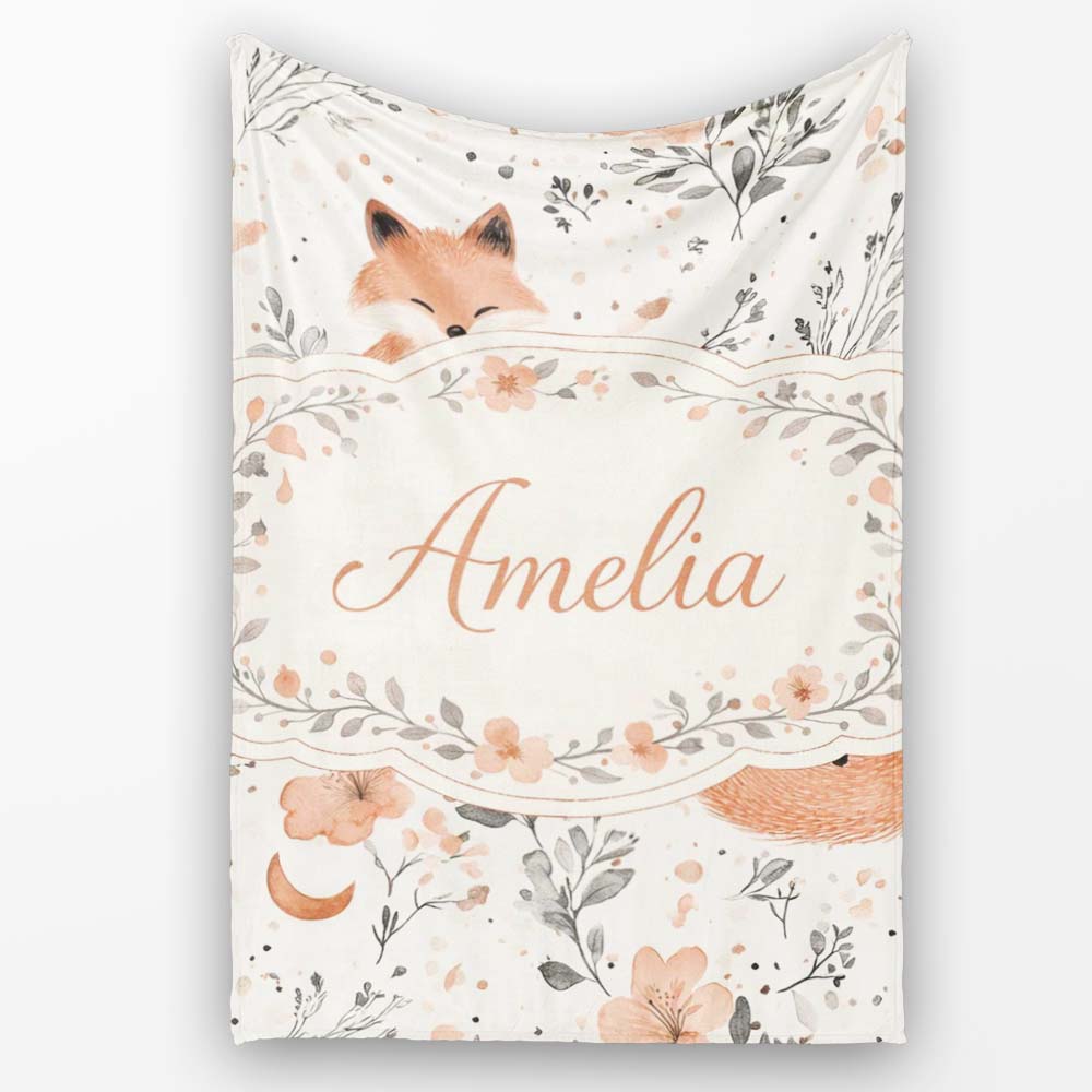 Cute Fox Floral Seamless Pattern Thoughtful Gift Idea Lovely  Personalised Custom Name Super Soft Fleece Blanket Bed Sofa Throw