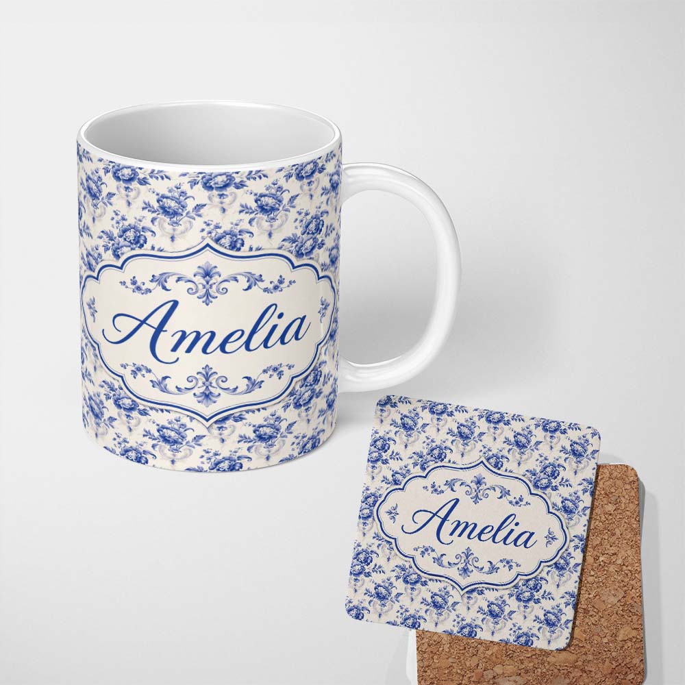 Personalized Custom Name Classic Blue White Vintage Floral Seamless Pattern Elegant 11oz Ceramic Coffee Tea Mug White Large Handle