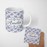 Personalized Custom Name Classic Blue White Vintage Floral Seamless Pattern Elegant 11oz Ceramic Coffee Tea Mug White Large Handle