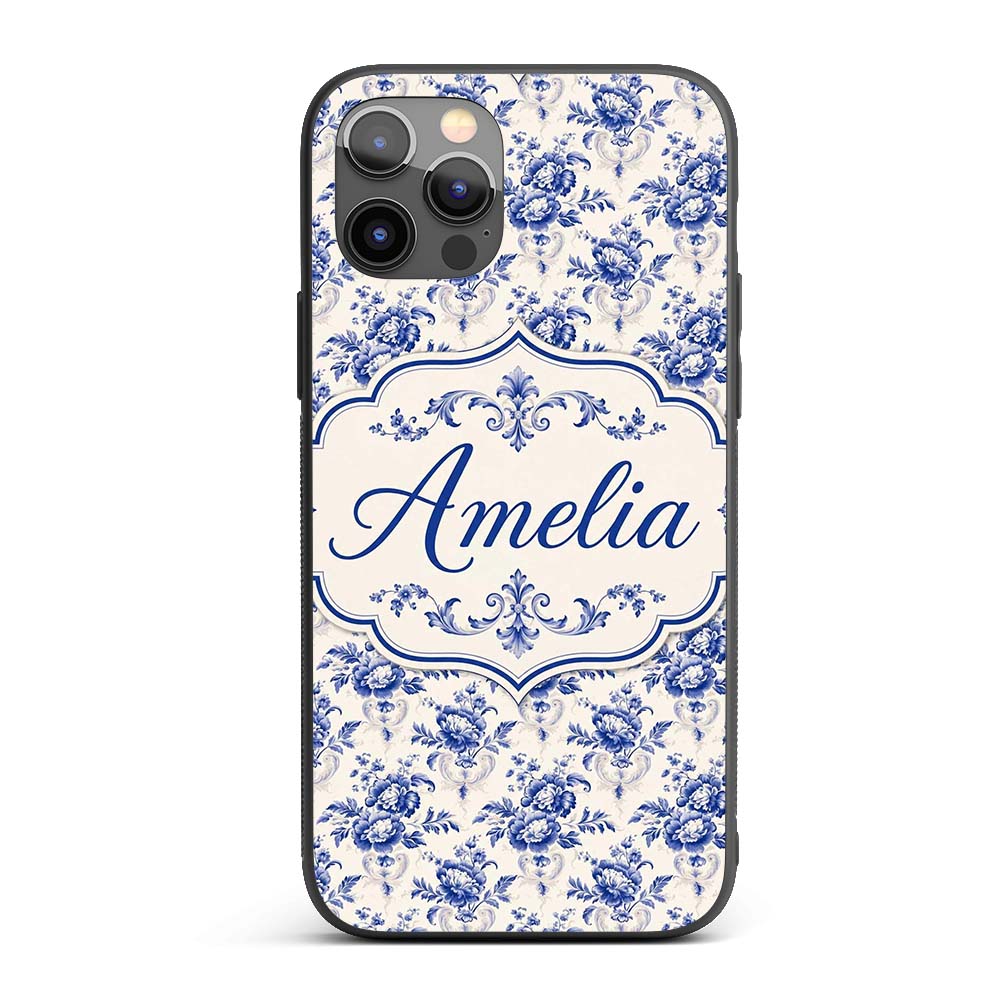 Classic Blue White Vintage Floral Printed Design Custom Name Protective Phone Case Mobile Cover Durable Everyday Smartphone Shock Resistant