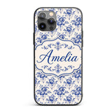 Classic Blue White Vintage Floral Printed Design Custom Name Protective Phone Case Mobile Cover Durable Everyday Smartphone Shock Resistant