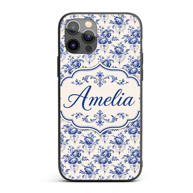 Classic Blue White Vintage Floral Printed Design Custom Name Protective Phone Case Mobile Cover Durable Everyday Smartphone Shock Resistant