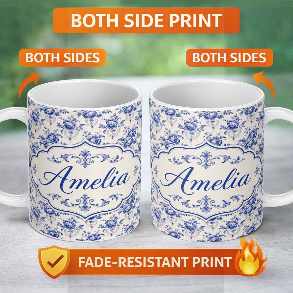 Personalized Custom Name Classic Blue White Vintage Floral Seamless Pattern Elegant 11oz Ceramic Coffee Tea Mug White Large Handle