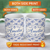 Personalized Custom Name Classic Blue White Vintage Floral Seamless Pattern Elegant 11oz Ceramic Coffee Tea Mug White Large Handle