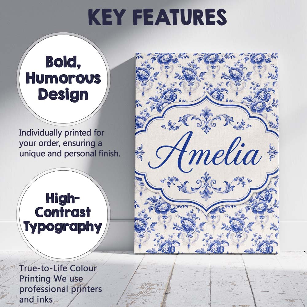 Personalised Name Classic Blue White Custom Premium Decorative Design Modern Room Accent Canvas Wall Art Print Decor Picture Ready to Hang