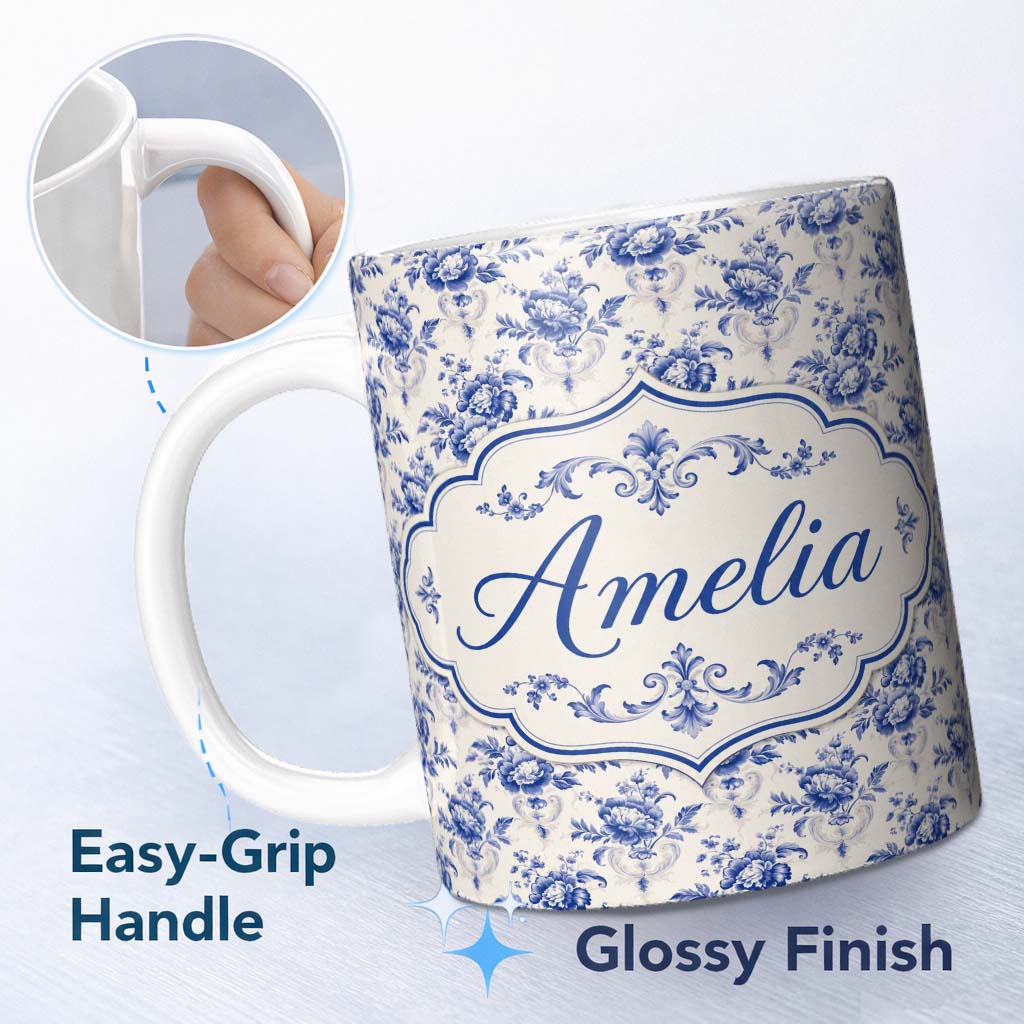 Personalized Custom Name Classic Blue White Vintage Floral Seamless Pattern Elegant 11oz Ceramic Coffee Tea Mug White Large Handle
