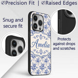 Classic Blue White Vintage Floral Printed Design Custom Name Protective Phone Case Mobile Cover Durable Everyday Smartphone Shock Resistant