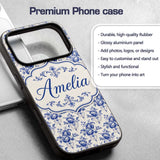 Classic Blue White Vintage Floral Printed Design Custom Name Protective Phone Case Mobile Cover Durable Everyday Smartphone Shock Resistant