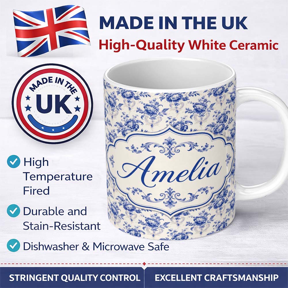 Personalized Custom Name Classic Blue White Vintage Floral Seamless Pattern Elegant 11oz Ceramic Coffee Tea Mug White Large Handle