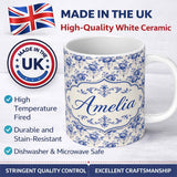 Personalized Custom Name Classic Blue White Vintage Floral Seamless Pattern Elegant 11oz Ceramic Coffee Tea Mug White Large Handle