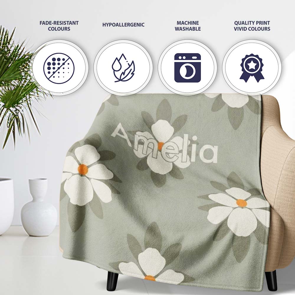 Neutral Daisy Floral Seamless Pattern Soft Beige Botanical Design  Personalised Custom Name Super Soft Fleece Blanket Bed Sofa Throw