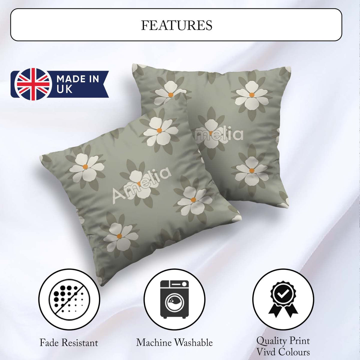 Custom Name Neutral Daisy Floral Seamless Pattern Soft Botanical Square Filled Cushion Throw Pillow Sofa Bed Home Decor Zip Washable UK Made
