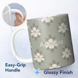 Personalized Custom Name Neutral Daisy Floral Seamless Pattern Soft Beige Botanical Design 11oz Ceramic Coffee Tea Mug White Large Handle