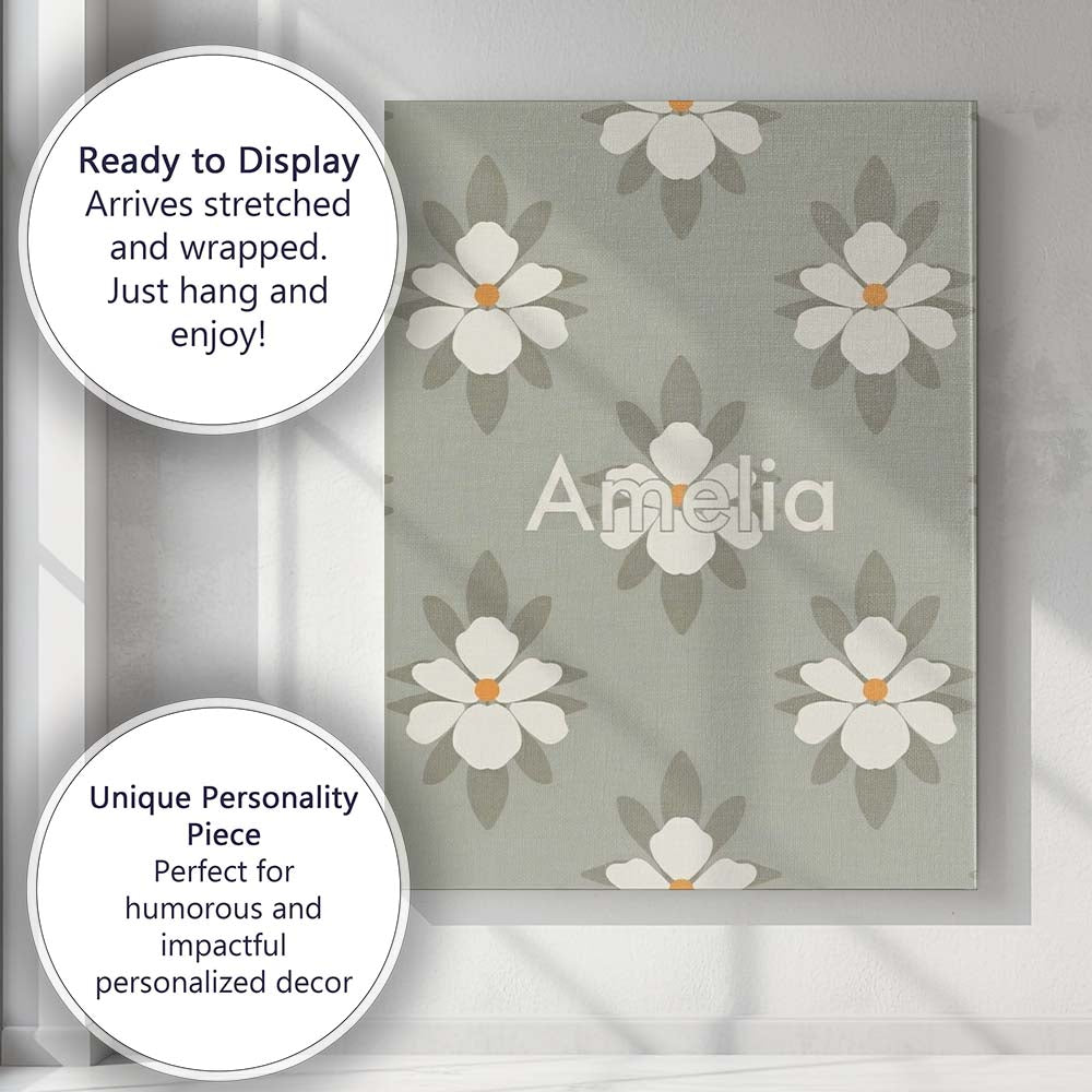 Personalised Name Neutral Daisy Floral Custom  Modern Room Accent Elegant Feature Canvas Wall Art Print Decor Picture Ready to Hang
